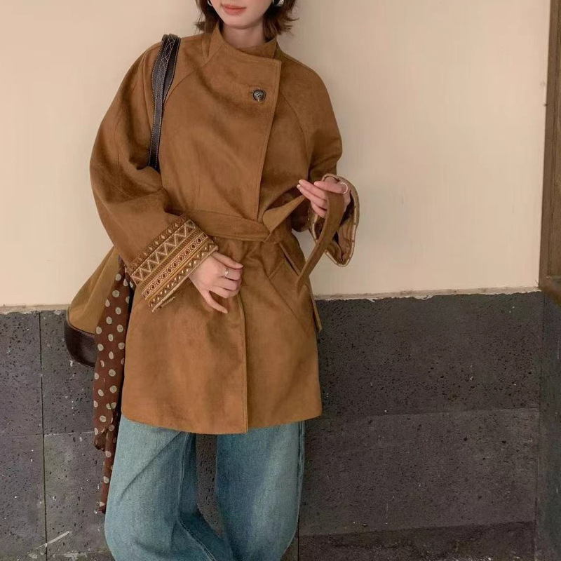 双色复古美拉德色系反绒麂皮小廓形韩系宽松秋季长袖风衣外套上衣|undefined