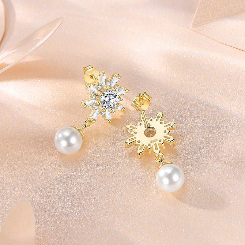 Pendientes de plata esterlina s925 copo de nieve ZIRCON perla pendientes aguja de plata moda francés de alta calidad pendientes de girasol temperamento
