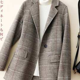 双面羊毛大衣毛呢外套女秋冬2023新款小香风清河濮院格子西装复古