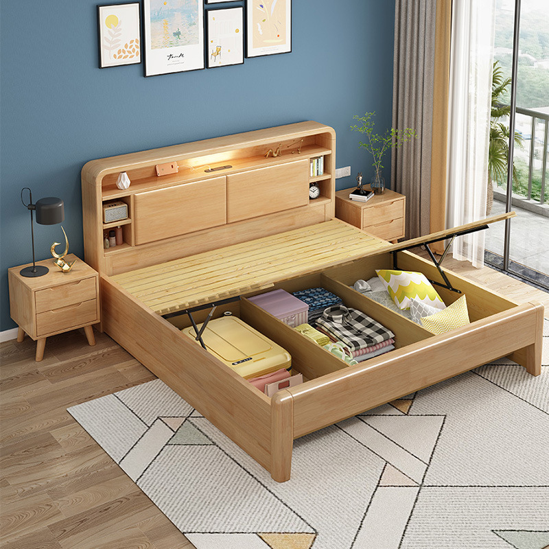 Cama de madera maciza nórdica 1,8 cama suave con luz de noche cama doble 1,5 m moderno simple pequeño apartamento dormitorio cama de almacenamiento