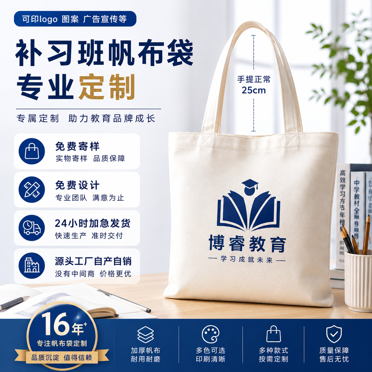 单肩中小学生手提帆布包激励孩子名校高校补习班帆布袋子定制logo