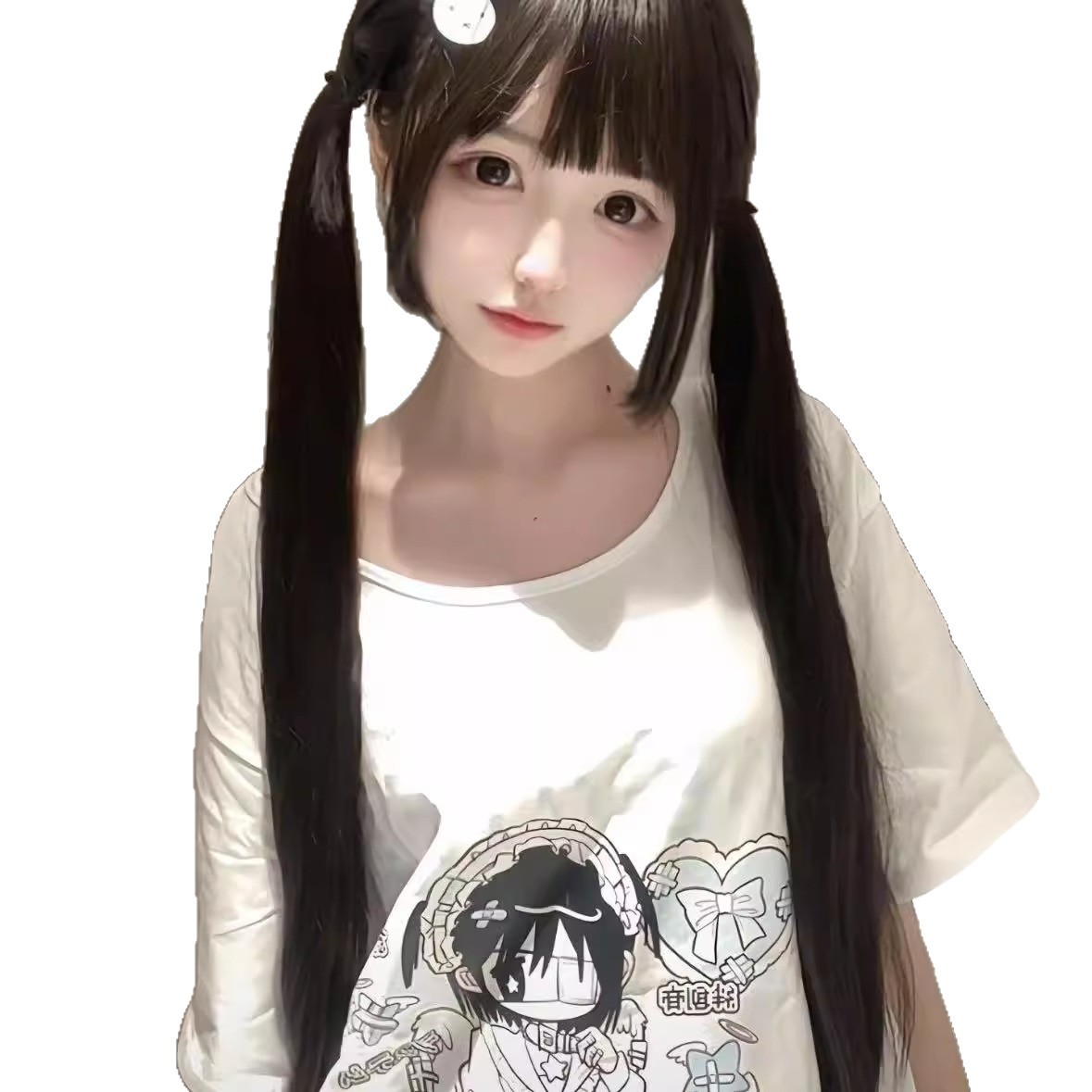 コニ 75 センチメートルロングストレートダブルポニーテールウィッグ全頭コスチュームローズネットロリータナチュラル JK インフルエンサー少女