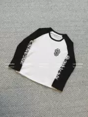 Chrome Hearts Women's Black and White Contrast Sanskrit Print Raglan Sleeve Slim Fit 3/4 Sleeve T-Shirt