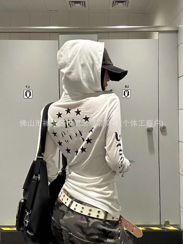 25秋季美式复古微透防晒罩衫女连帽字母印花长袖t恤修身薄纱上衣|undefined
