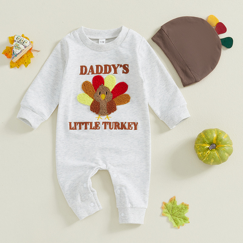 Foreign trade children's clothing baby clothes autumn Thanksgiving Day baby boys and girls turkey embroidered long sleeve jumpsuit climbing hat