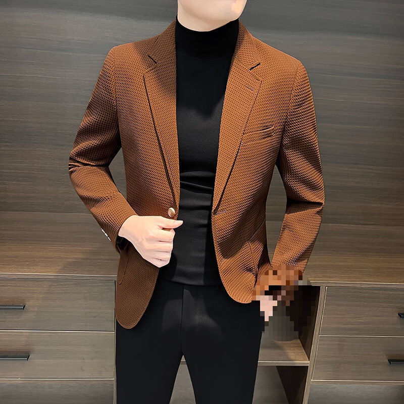 Business Stylish Suit Men's Jacket Brown High-End Suit Premium Waffle Slim Casual Plaid Top