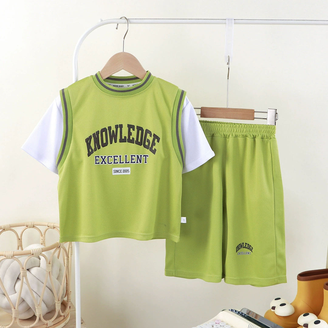 Children's uniform, quick dry breathable set, summer short sleeve T-shirt with letters, travel trousers, sports suit for boys