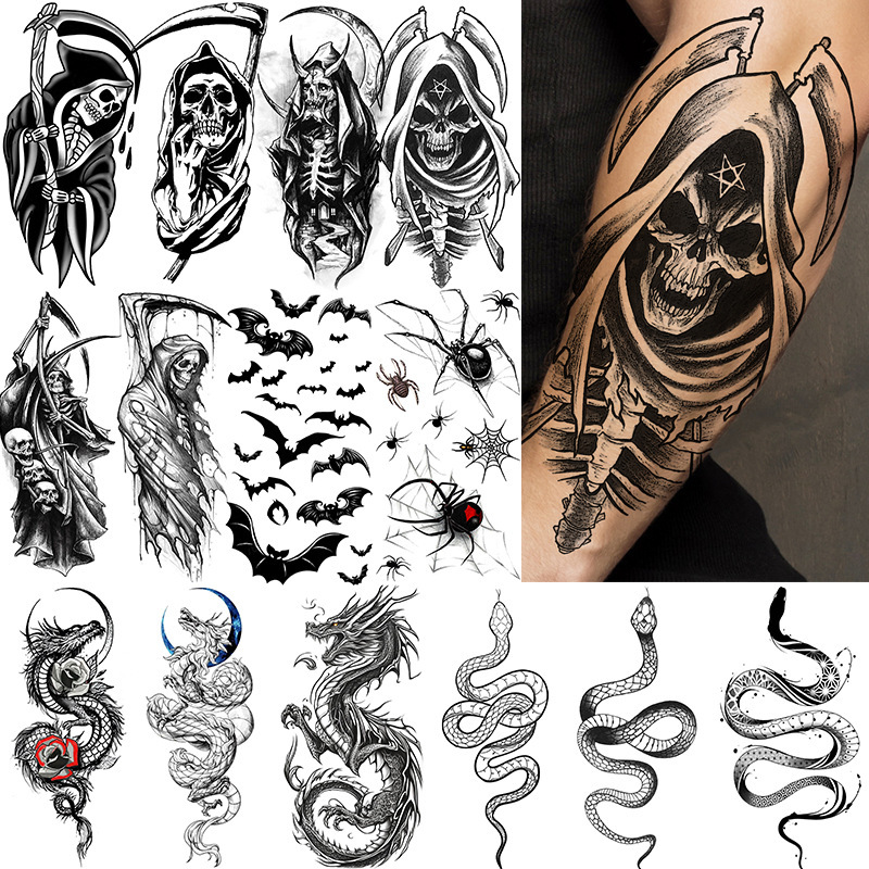 Cross-Border Black and White Snake Dragon Skull Tattoo Stickers Waterproof Temporary Tattoo Stickers for Arms and Legs Temu European and American Tattoo Cross-Border Black and White Snake Dragon Skull Tattoo Stickers Waterproof Temporary Tattoo Stickers for Arms and Legs Temu European and American Tattoo