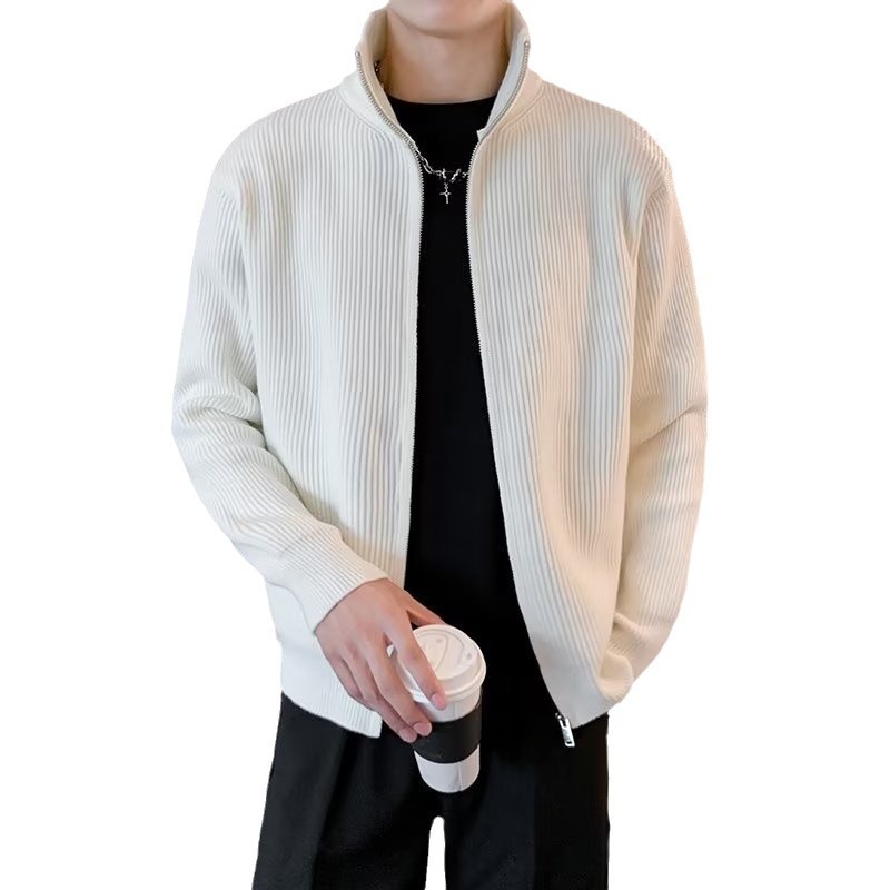 Chaqueta de suéter gris estilo yuppie diseño de marca de moda para hombres cuello alto otoño top suéter suelto con cremallera cardigan