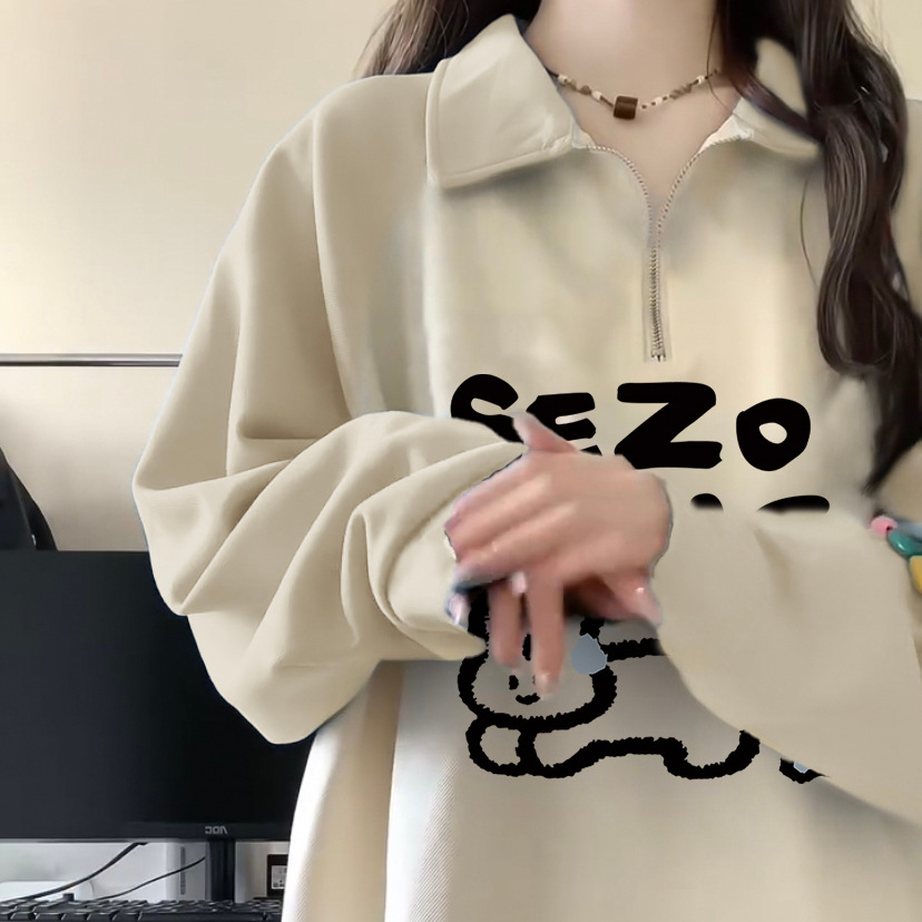 산동 지모 살구색 폴로 칼라 커플 땀 여자의 가을과 겨울 기모 두꺼운 특대 게으른 스타일 탑