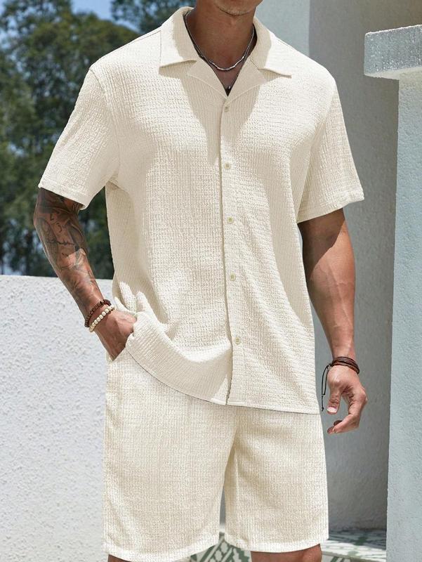 欧美亚马逊跨境男士衬衫2025夏季新款男装纯色短袖衬衫休闲套装|undefined