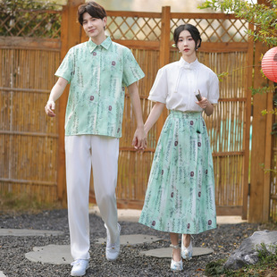New Chinese-Style Couple Outfits for Summer, Versatile National Style Performance Clothing, Mamian Skirt Hanfu Set, Chorus Shirt