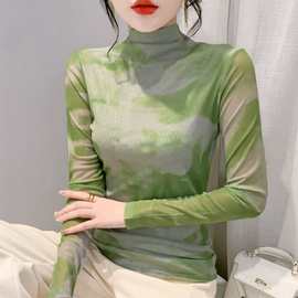 小清新绿色晕染打底小衫森系扎染撞色长袖t恤网纱欧美风外贸实拍
