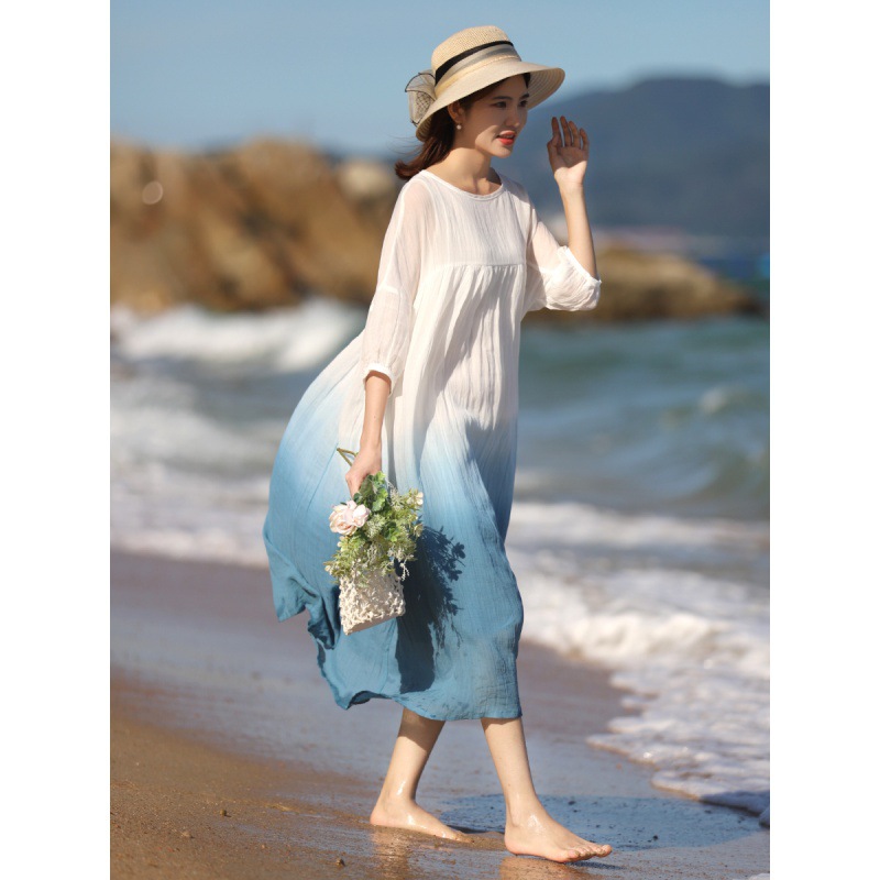 2024 Summer Loose Plus-Size Robe, Chinese Style Gradient Lightweight Ramie Zen Tea Dress, Double-Layered Large Hem Skirt_ecoleips.com
