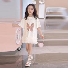 女童印花连衣裙夏季2025新款中大童洋气蝴蝶纱网拼接公主连衣裙潮
