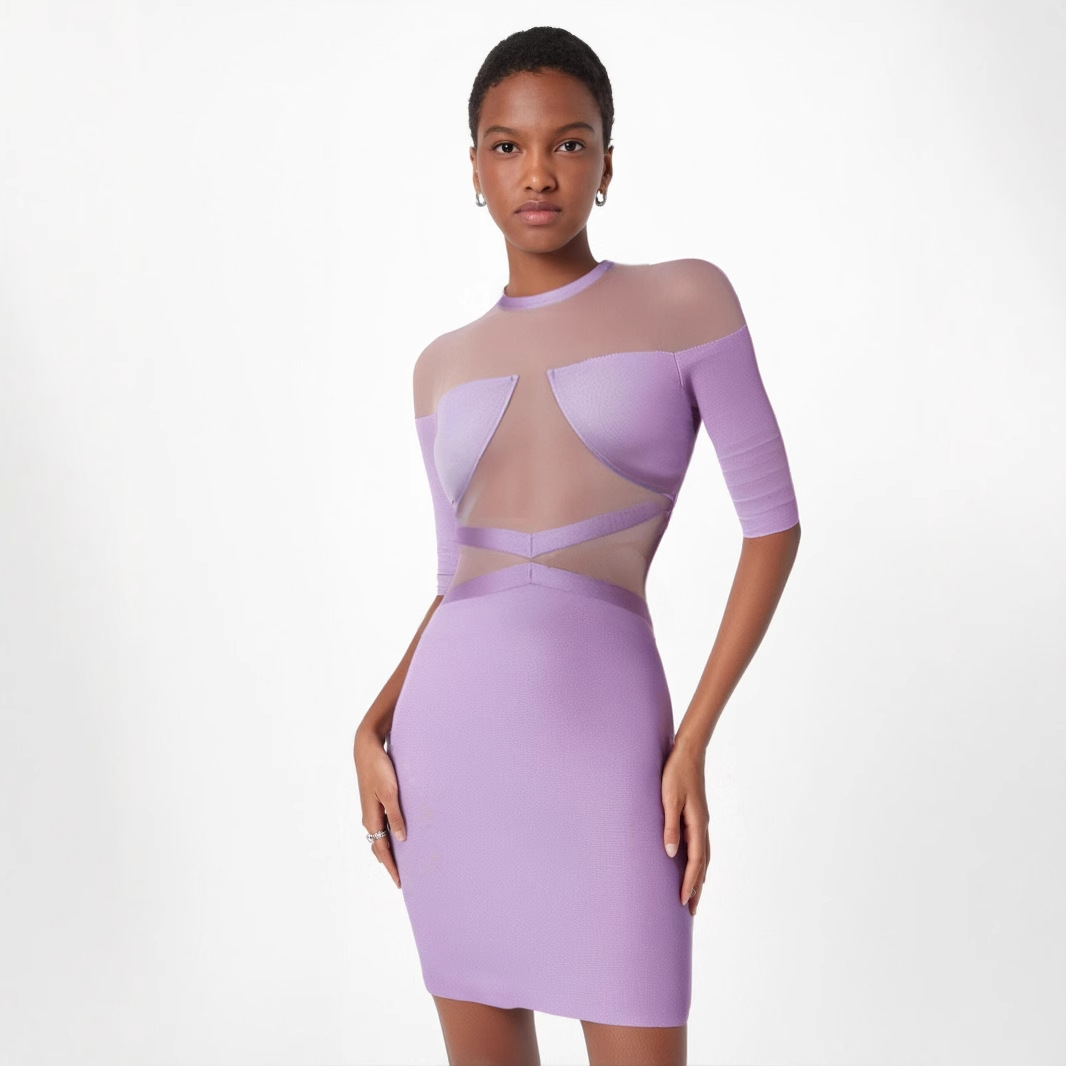 Independent station European and American women's autumn mesh stitching purple bandage dress classic European station high quality skirt women