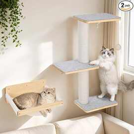 实木猫爬架壁挂式三层猫抓柱带吊床剑麻耐磨猫咪墙面跳台组合家具
