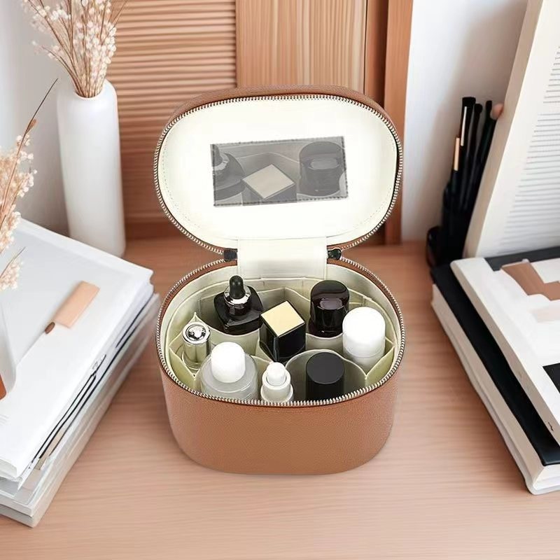 Balde de cuero pu transfronterizo bolsa de maquillaje bolsa de lavado de gran capacidad correa de mano bolsa de almacenamiento de cosméticos multicapa