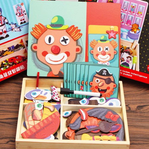 Wooden facial features magnetic jigsaw puzzle puzzle changing magnetic stickers 3-6 years old kindergarten children early education educational toys