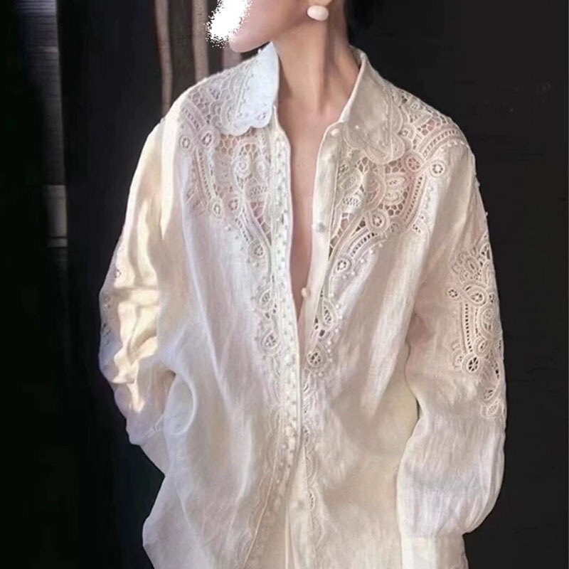 Cross-Border Linen Hollow-Out Embroidered Shirt 2025 Early Spring New Women's French Niche Style Turn-Down Collar Long-Sleeve White Lace Cross-Border Linen Hollow-Out Embroidered Shirt 2025 Early Spring New Women's French Niche Style Turn-Down Collar Long-Sleeve White Lace