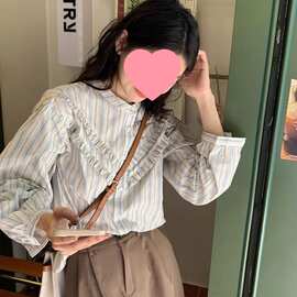 法式气质双层荷叶边衬衫2025新款条纹衬衣女夏季复古宽松别致上衣