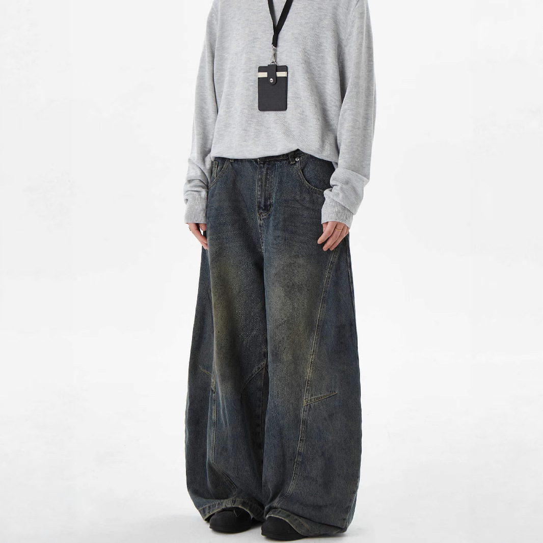 American Niche Deconstructed Washed Scimitar Jeans Men's Design Sense Casual Baggy Wide-Leg Pants Ins_mkmklike.com