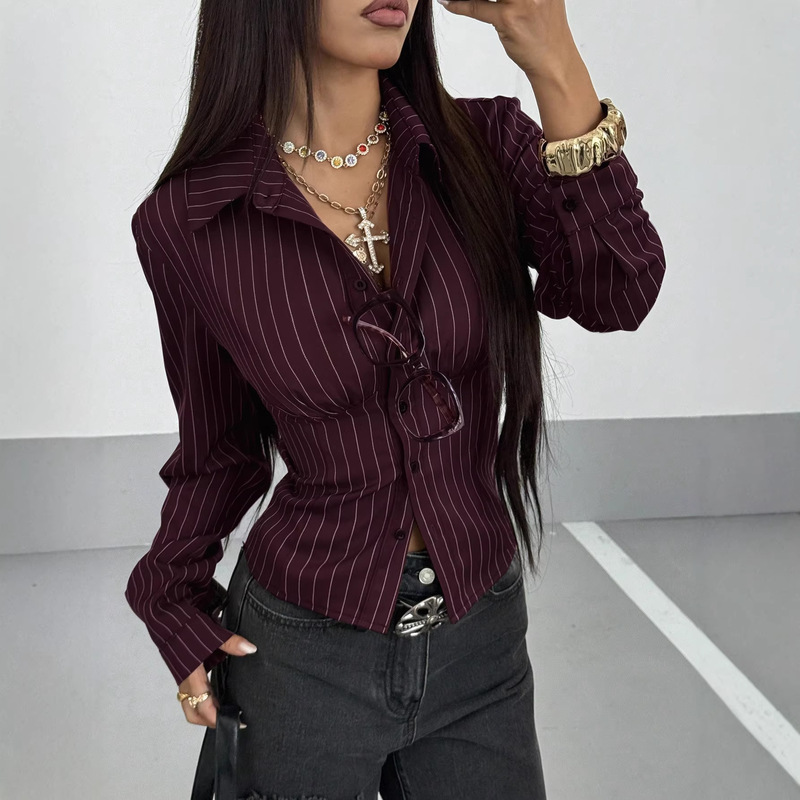 Women's Retro Striped Slim-Fit Shirt, Cross-Border European and American Style Women's Retro Striped Slim-Fit Shirt, Cross-Border European and American Style