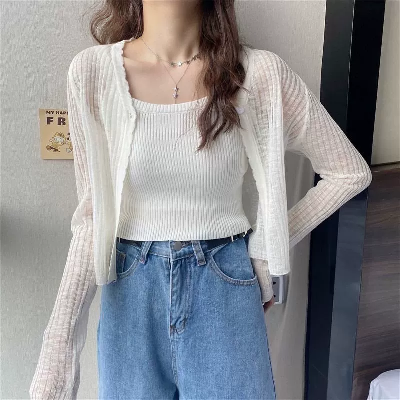 Солнцезащитный кардиган куртка женский 2023 летний новый тонкий внешний свободный длинный рукав трикотажный короткий топ ins прилив