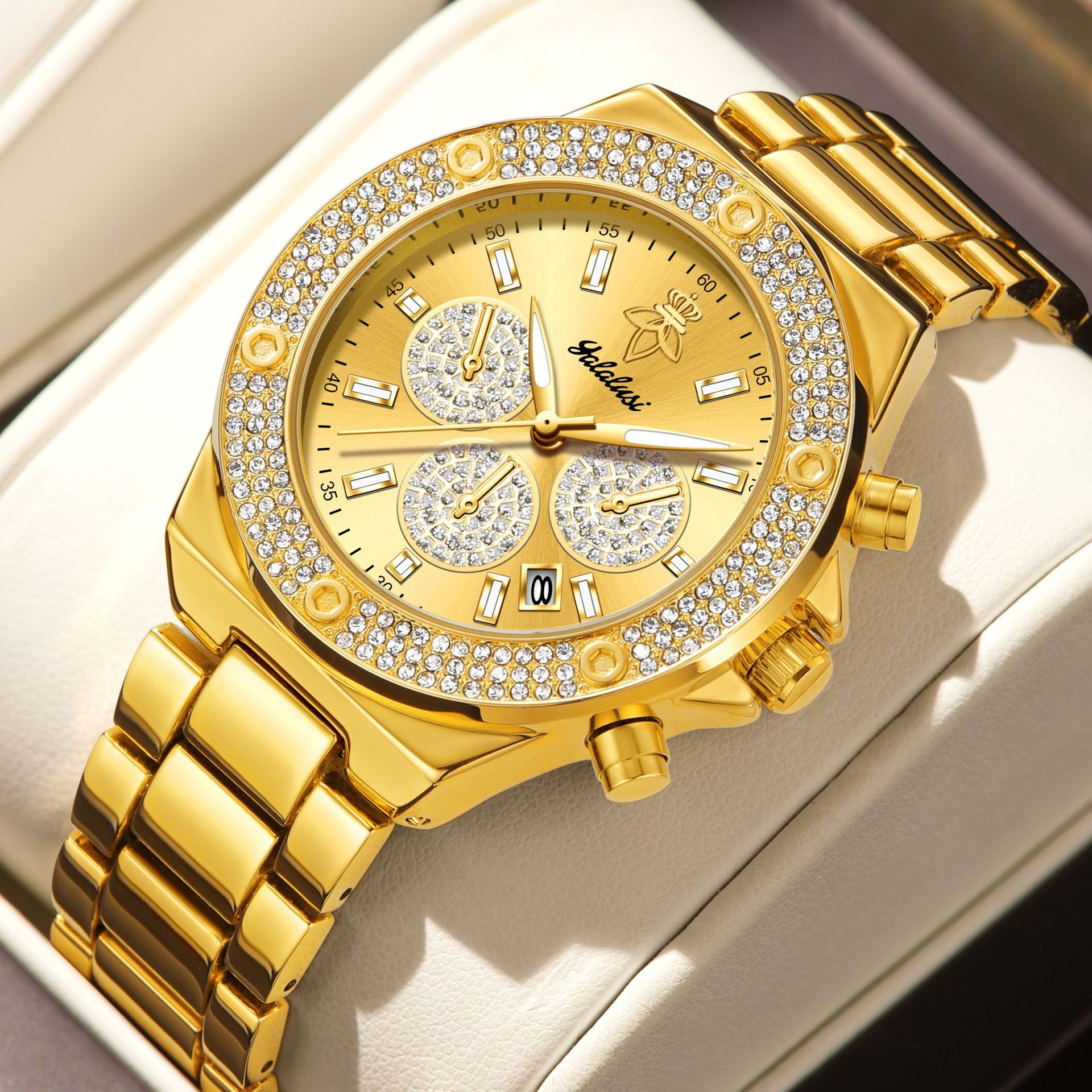 Yalalusi Luxury Gold Diamond Multifunctional Chronograph Watch Three-Eye Calendar Couple Watch Business Men Women Wristwatch