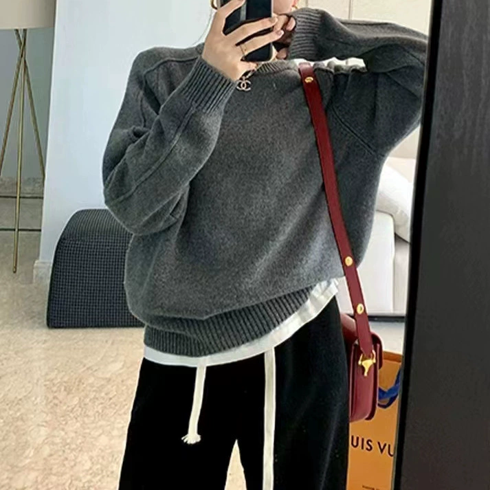 Новый стильный кашемировый однотонный свитер, зимняя внутренняя одежда, нишевый дизайн, круглый вырез, вязаный пуловер, модный женский топ.