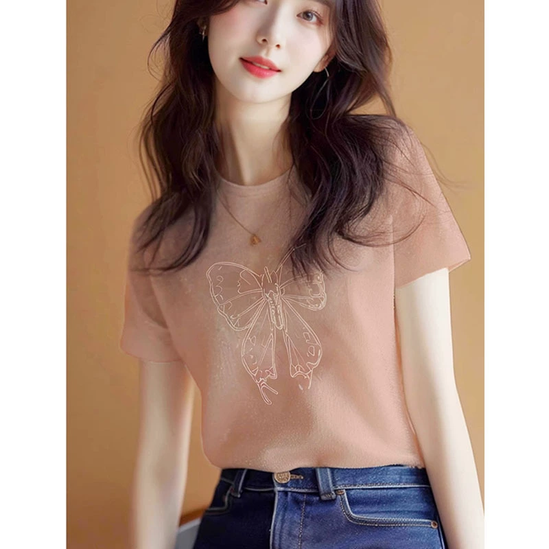 2025 новый взрывной летний дизайн-короткий топ с оранжевым принтом ледяной шелк на плече с короткими рукавами футболка женская летняя модель