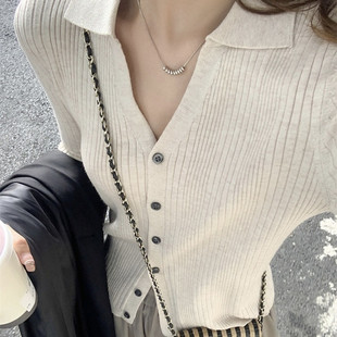 23 European and American style women's new lapel knitted cardigan autumn and winter slim sweater sweater V-neck long sleeve top
