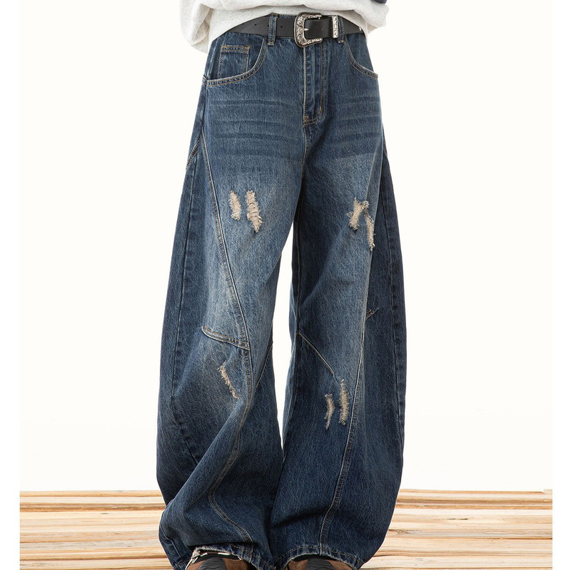 Structural Design Washed Ripped Jeans for Women, Spring and Autumn Season, High-End Feel, Straight Wide-Leg Casual Pants for Men, Trendy Structural Design Washed Ripped Jeans for Women, Spring and Autumn Season, High-End Feel, Straight Wide-Leg Casual Pants for Men, Trendy