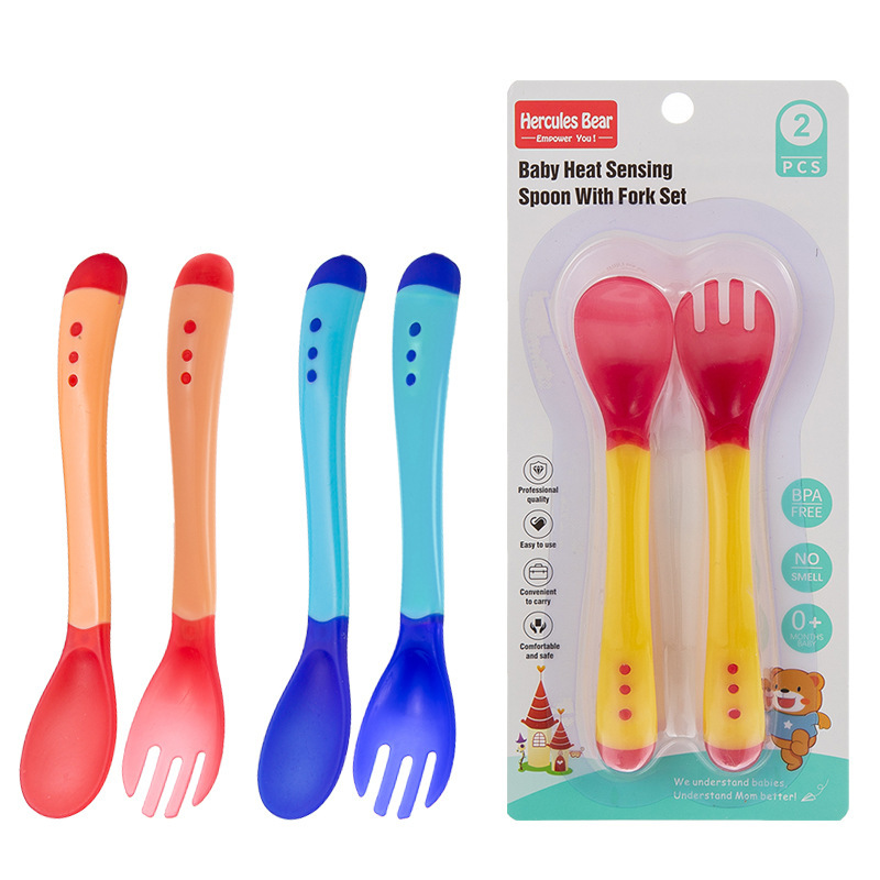 Foreign Trade Baby Temperature Discoloration Fork Spoon Anti-scalding Tableware suit Baby Silicone Spoon Children's Spoon Soft Head Auxiliary Spoon