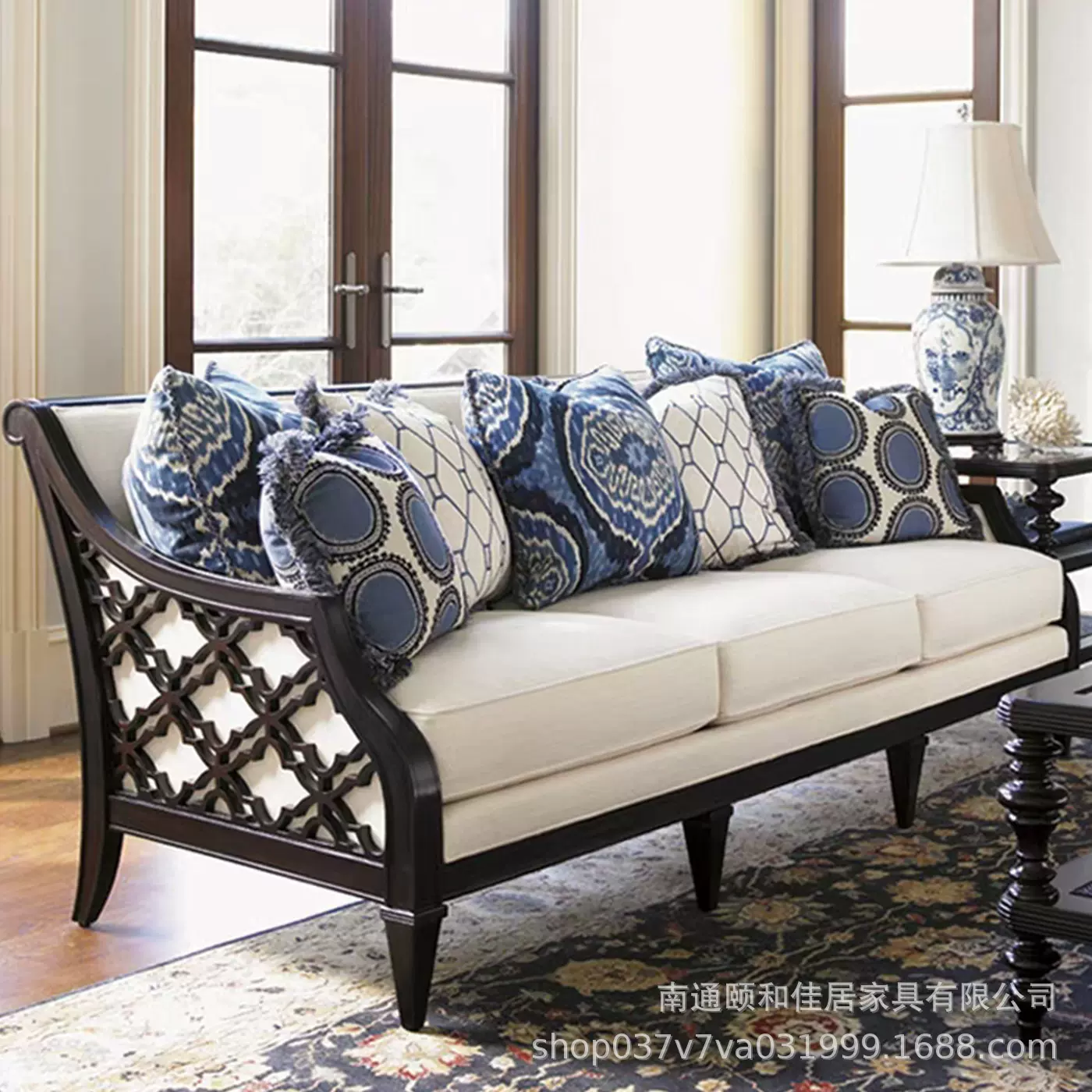 美式乡村实木沙发布艺田园雕花沙发组合三人简约艺术休闲沙发椅