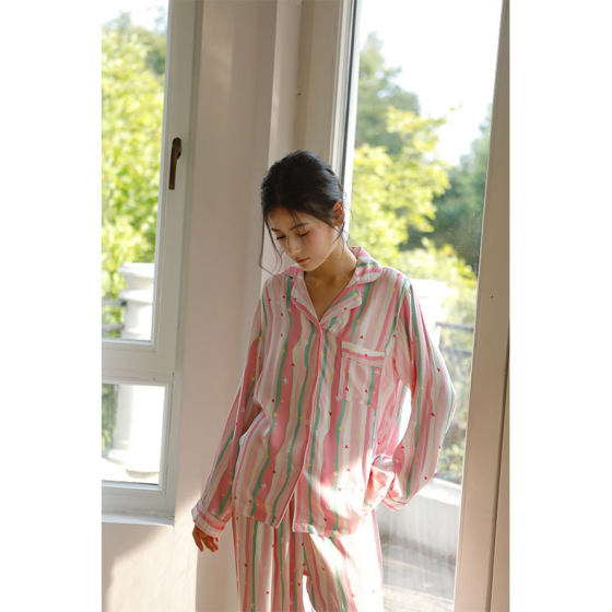 Autumn 24 New People's Cotton Satin Colorful Maca Dragon Color Striped Printed Long Sleeve Home Clothes Pajamas suit