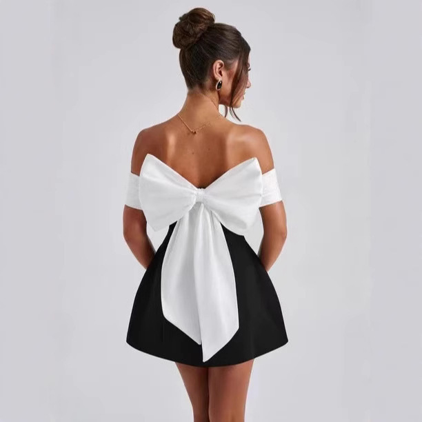 Black and White Color Crossing off-shoulder Mini Skirt Cross-border Sleeveless Bow A- shaped dress Dress Cross-border Europe and America