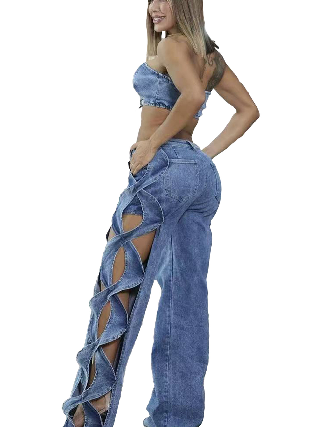 Women's Side Cutout S-Line Denim Pants – Edgy Patchwork Jeans With Distressed Details (Blue/Black-Gray, S-2XL)​_mkmklike.com