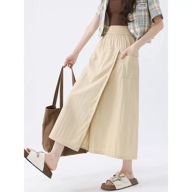 2025 новая корейская стильная юбка-трапеция с высокой талией, повседневные широкие брюки из ледяного шелка, юбка-кюлоты Yamamoto для женщин, лето