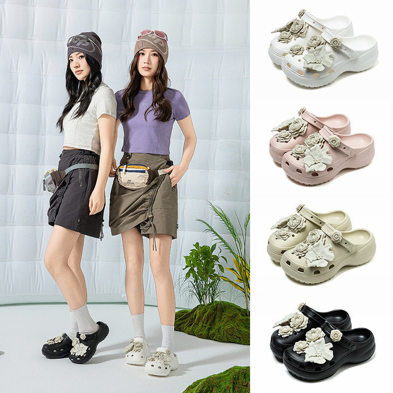 One Shoe, Two Ways to Wear, Thick-Soled Cloud Hole Shoes for Women, with 3D Camellia Decoration, Height-Increasing Beach Shoes, Exclusively for Cross-Border E-Commerce