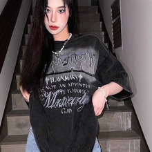 胖mm新款美式复古做旧高街重磅大码短袖T恤男女款潮牌夏季情侣装