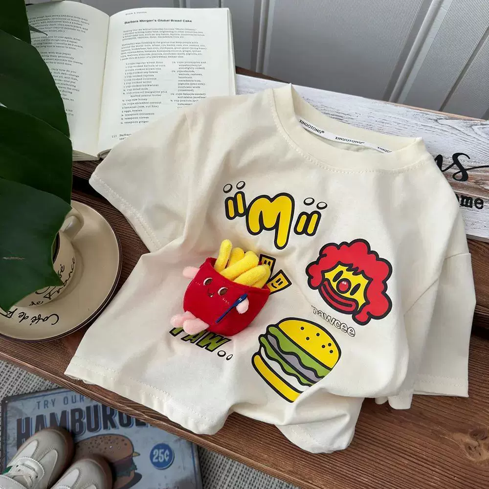 儿童纯棉短袖T恤时尚印花立体装饰玩偶休闲亲子装卡通男女童上衣