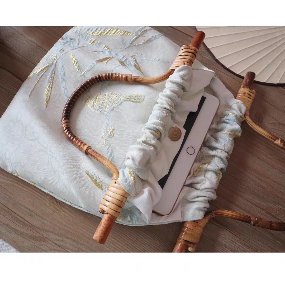 Tidlig Han- og rottingvævet jacquard Hanfu-taske, ny kinesisk qipao-håndtaske, bambusknudetaske_voghion.com