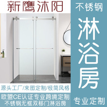 一字型淋浴房简约不锈钢无框双开玻璃滑门卫生间干湿分离浴室隔断