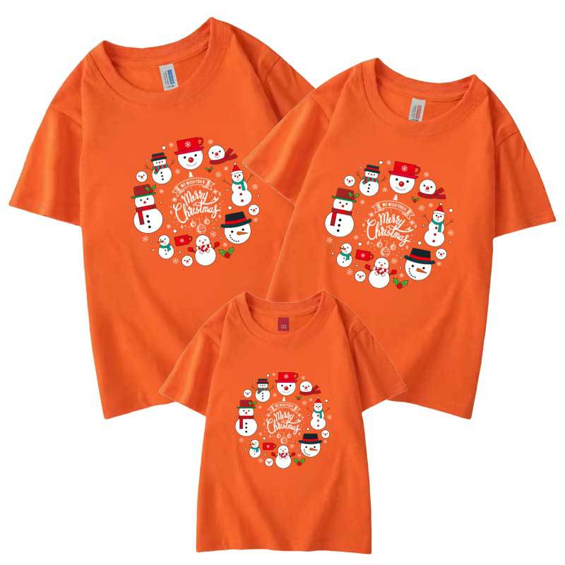 2022 círculo muñeco de nieve Feliz Navidad padre-hijo Camiseta de manga corta al por mayor verano algodón refinado ropa para niños bienes transfronterizos europeos y americanos