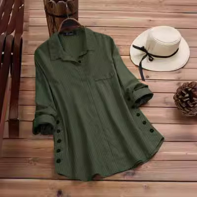 Ladies Pure Color Striped Button Cotton Linen Pouch Striped Long-Sleeve Long Dress Shirt Top