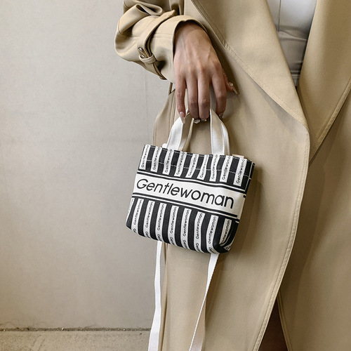 Cross-border wholesale fashion canvas mini shoulder crossbody small bag trendy new striped double-sided letter print handbag