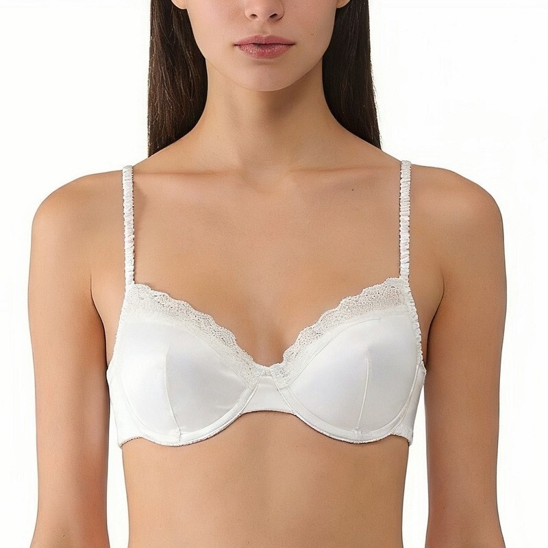 French-Style Lingerie for Women, Bohemian Style Satin Lace Trim Sexy Bra with Soft Underwire and Padded Cups