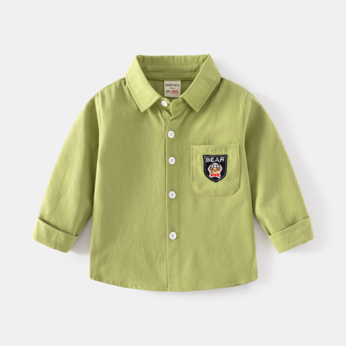 Children's Long Sleeve Shirt Wholesale  New Boys Casual Shirt Korean Style Baby Square Neck Embroidered Pocket Top
