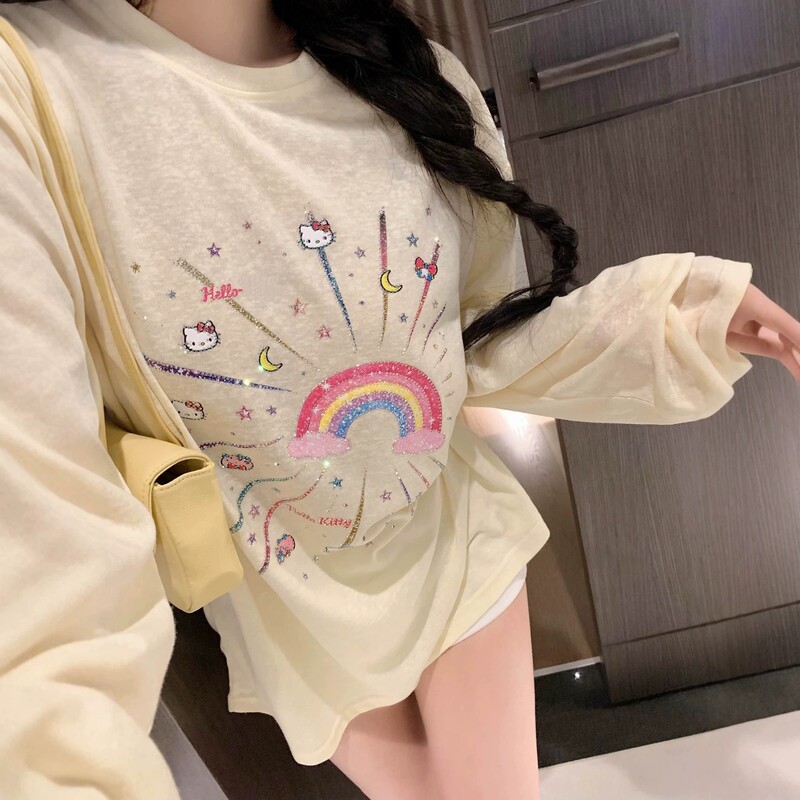 2026 Summer New Style Kt Chanel-Style Rhinestone Printed Sun-Protective Long-Sleeve Top Loose Slimming Round-Neck T-Shirt for Women